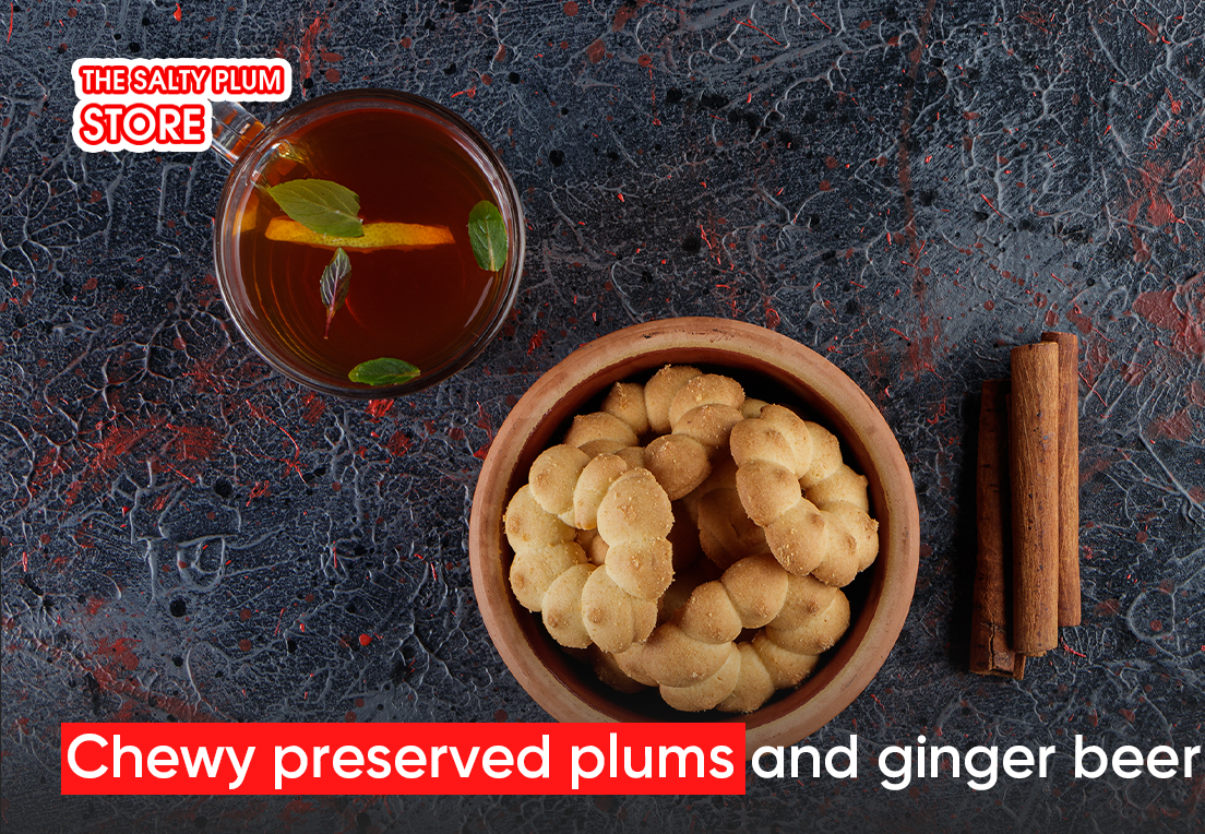 Chewy preserved plums and ginger beer